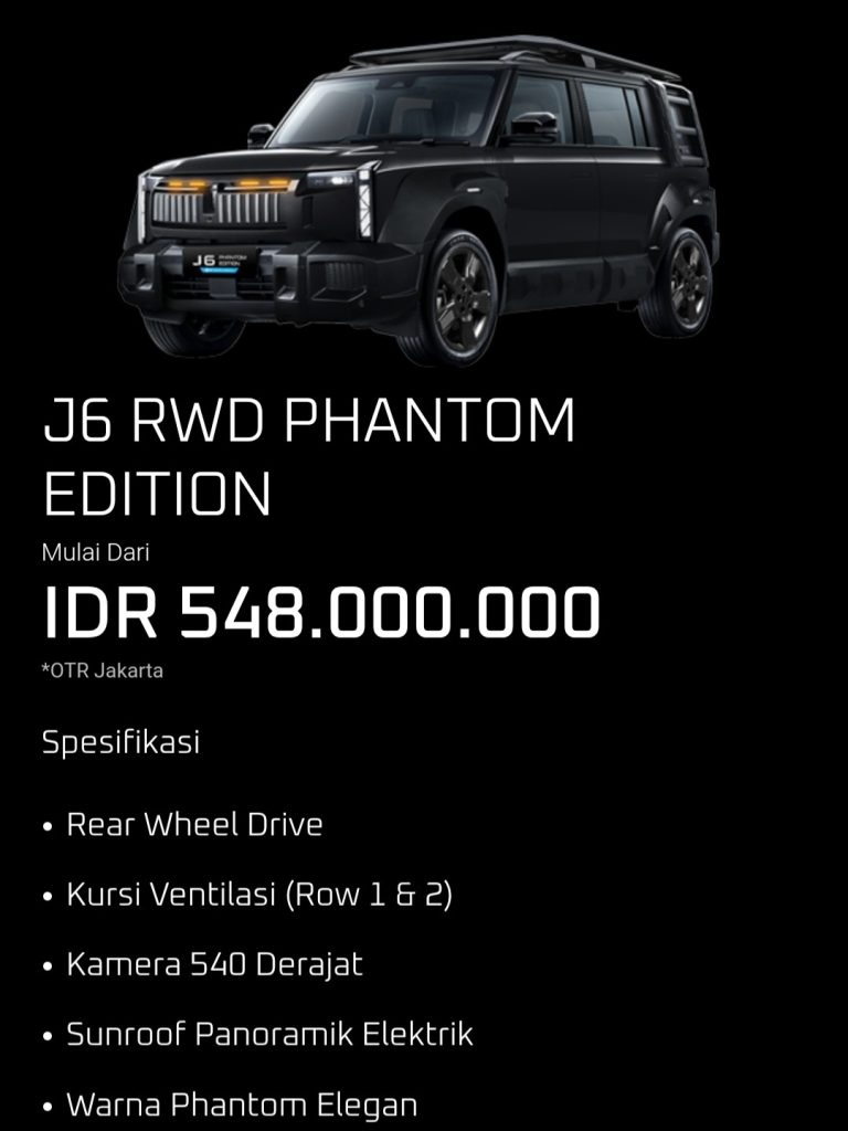Harga Chery J6 RWD 2025 Indonesia Phantom Edition