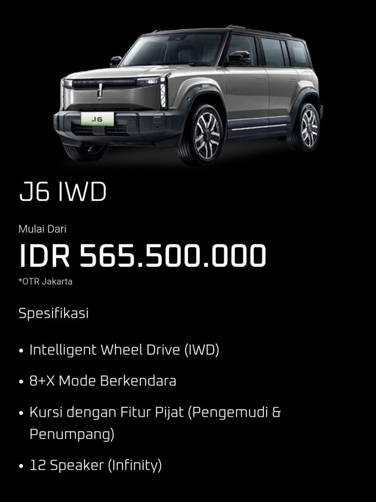Harga Chery J6 iWD 4WD 2025 Indonesia